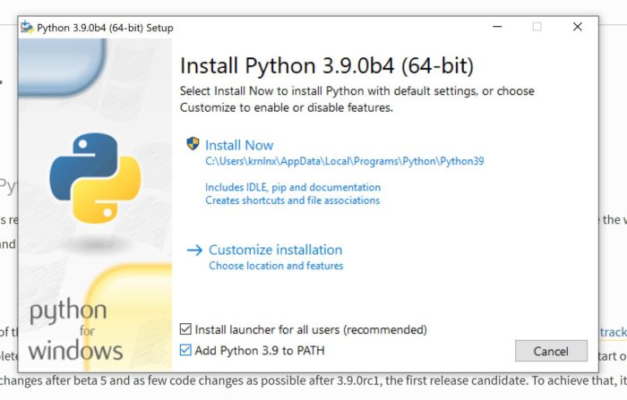 Запуск установочного пакета Python 3.9